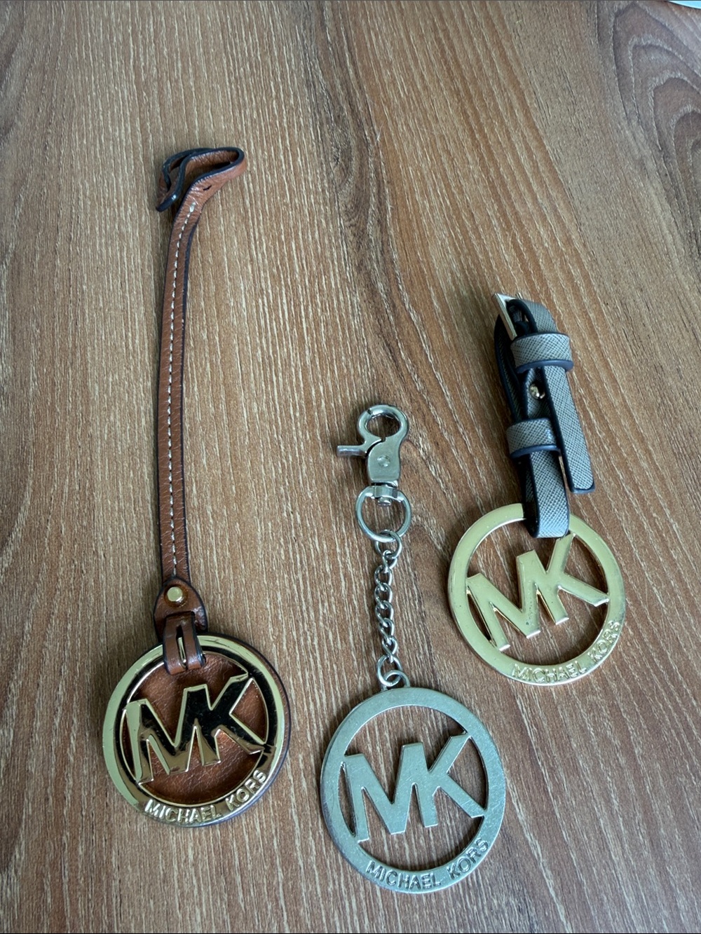 Michael Kors MK Logo Purse Bag Charms Set of 3 Gold Silver Leather